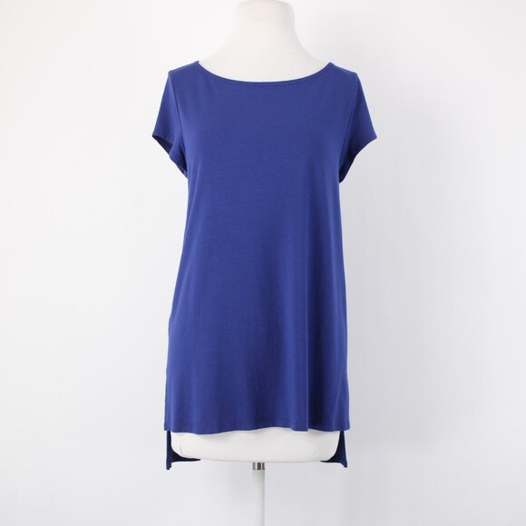 Eileen Fisher Top Sz M Navy Blue Hi Low Short Sleeve Basic Viscose Spandex Top - Picture 3 of 14
